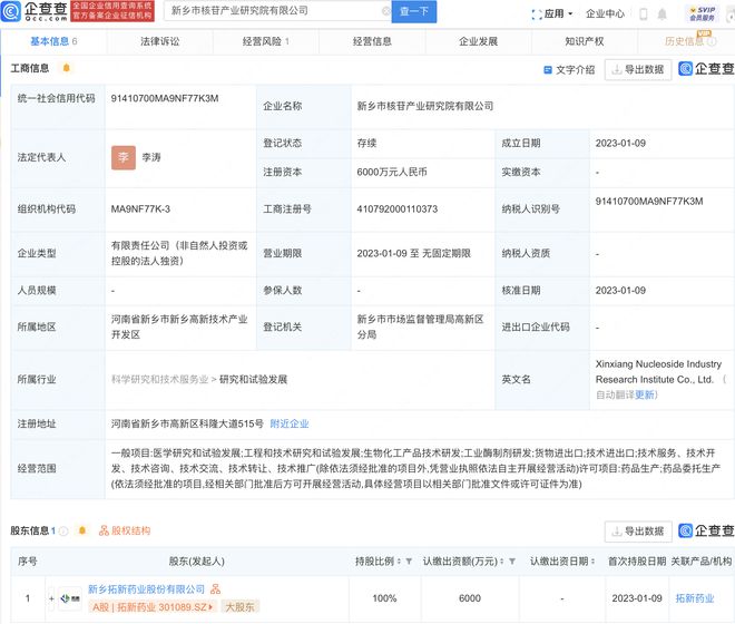 拓新药业6000万设立核苷产业研究院子公司